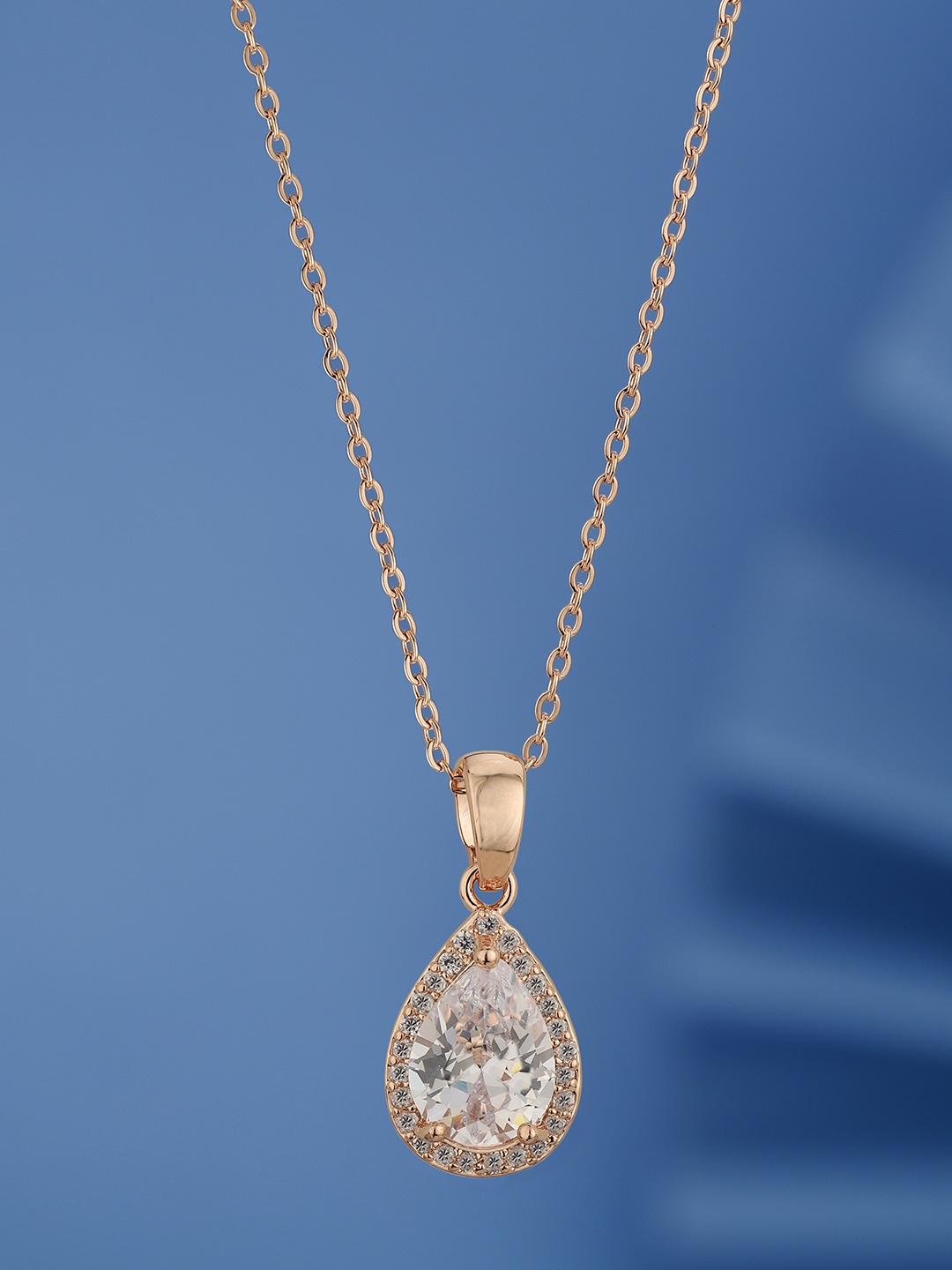 

Carlton London Rose Gold-Plated CZ-Studded Teardrop Pendant with Chain