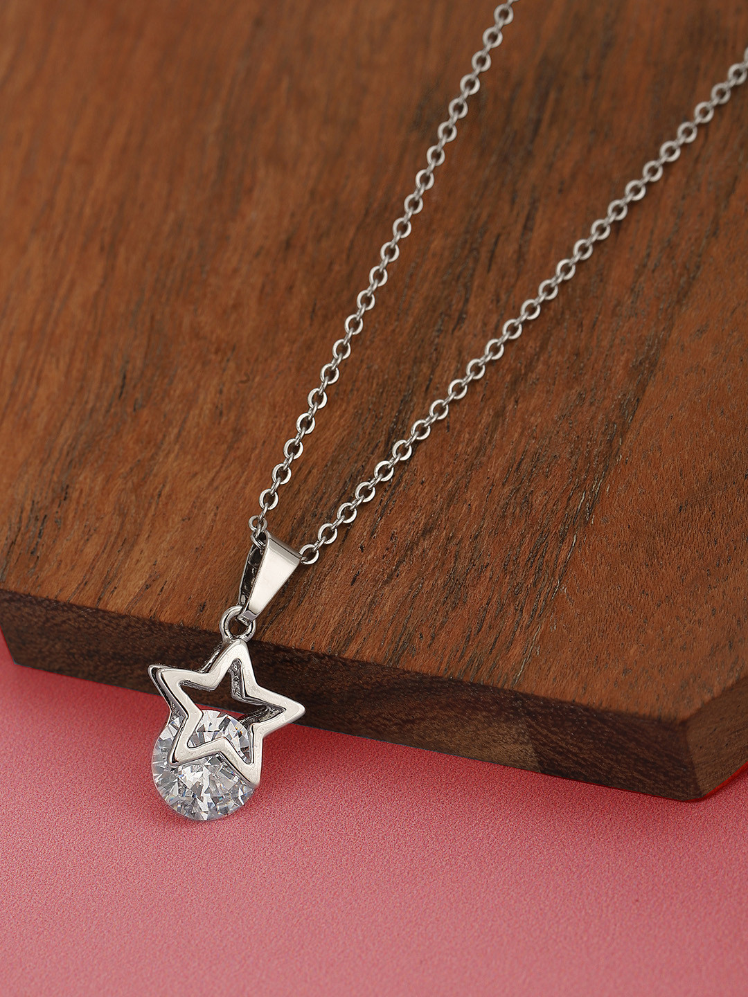 

Carlton London Rhodium-Plated CZ-Studded Star Pendant with Chain, Silver