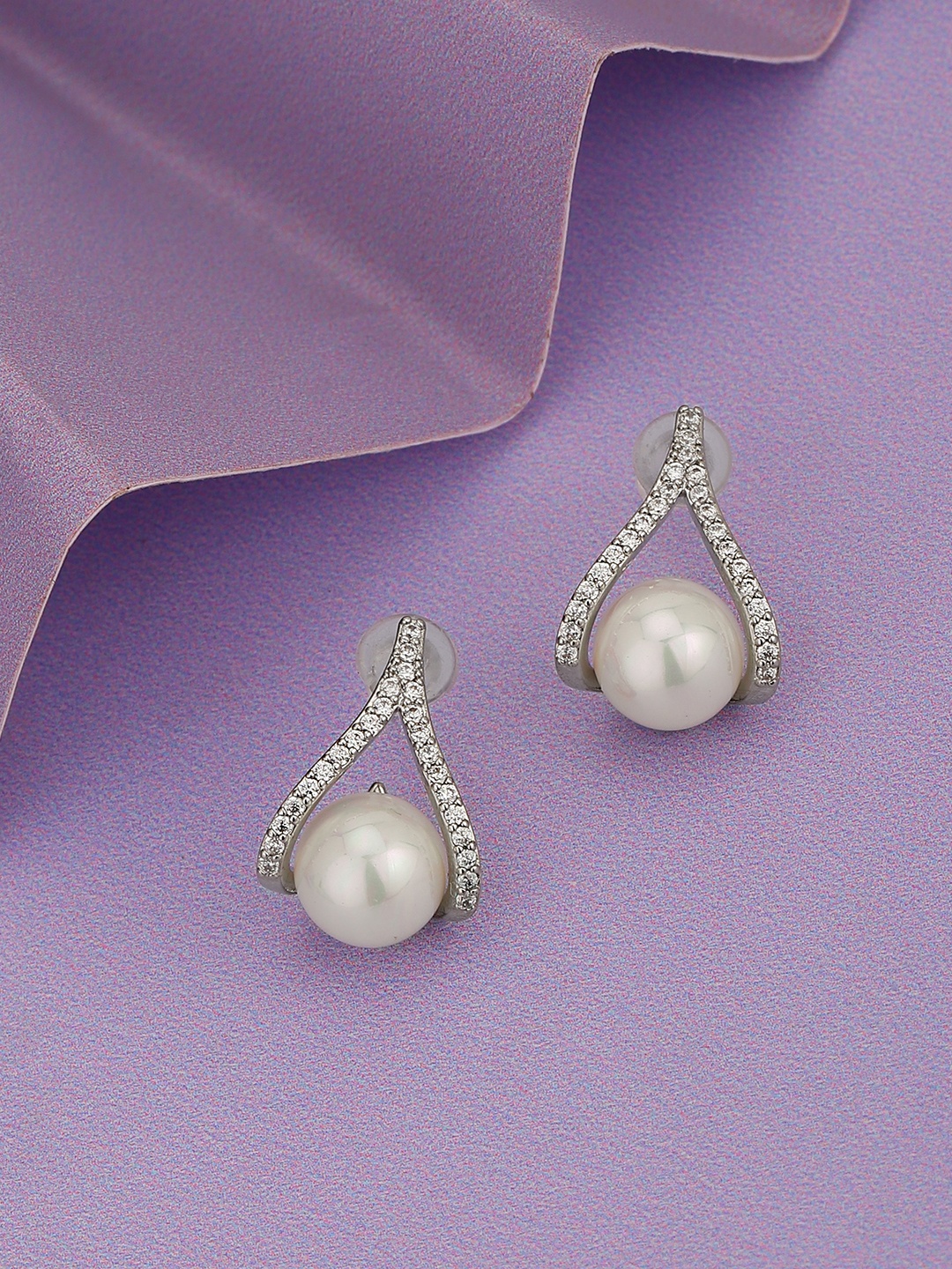 

Carlton London Rhodium-Plated Pearl Contemporary Stud Earrings, Silver