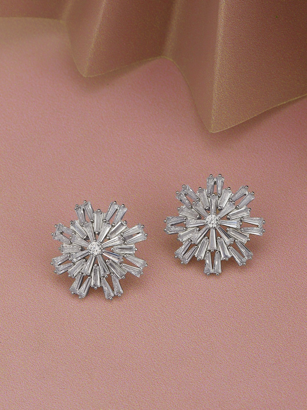 

Carlton London Premium Rhodium-Plated CZ Floral Studs Earrings, Silver