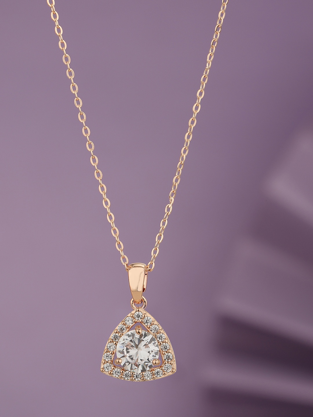 

Carlton London Rose Gold-Plated CZ-Studded Triangular Pendant with Chain