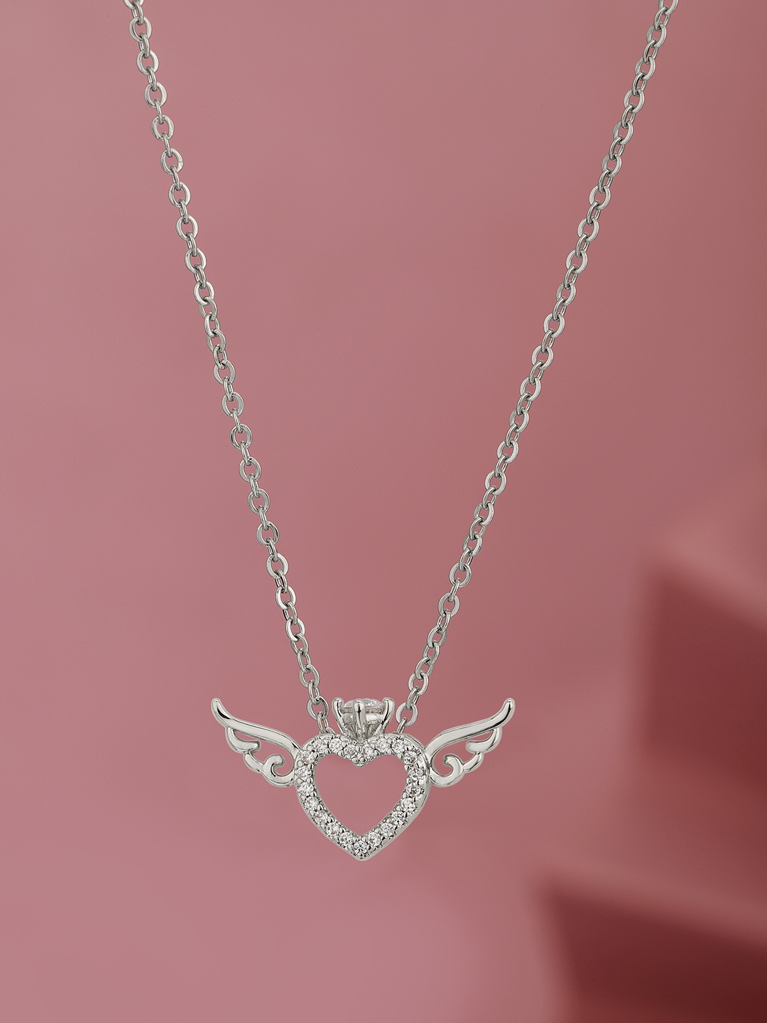 

Carlton London Rhodium-Plated CZ-Studded Heart Pendant with Chain, Silver