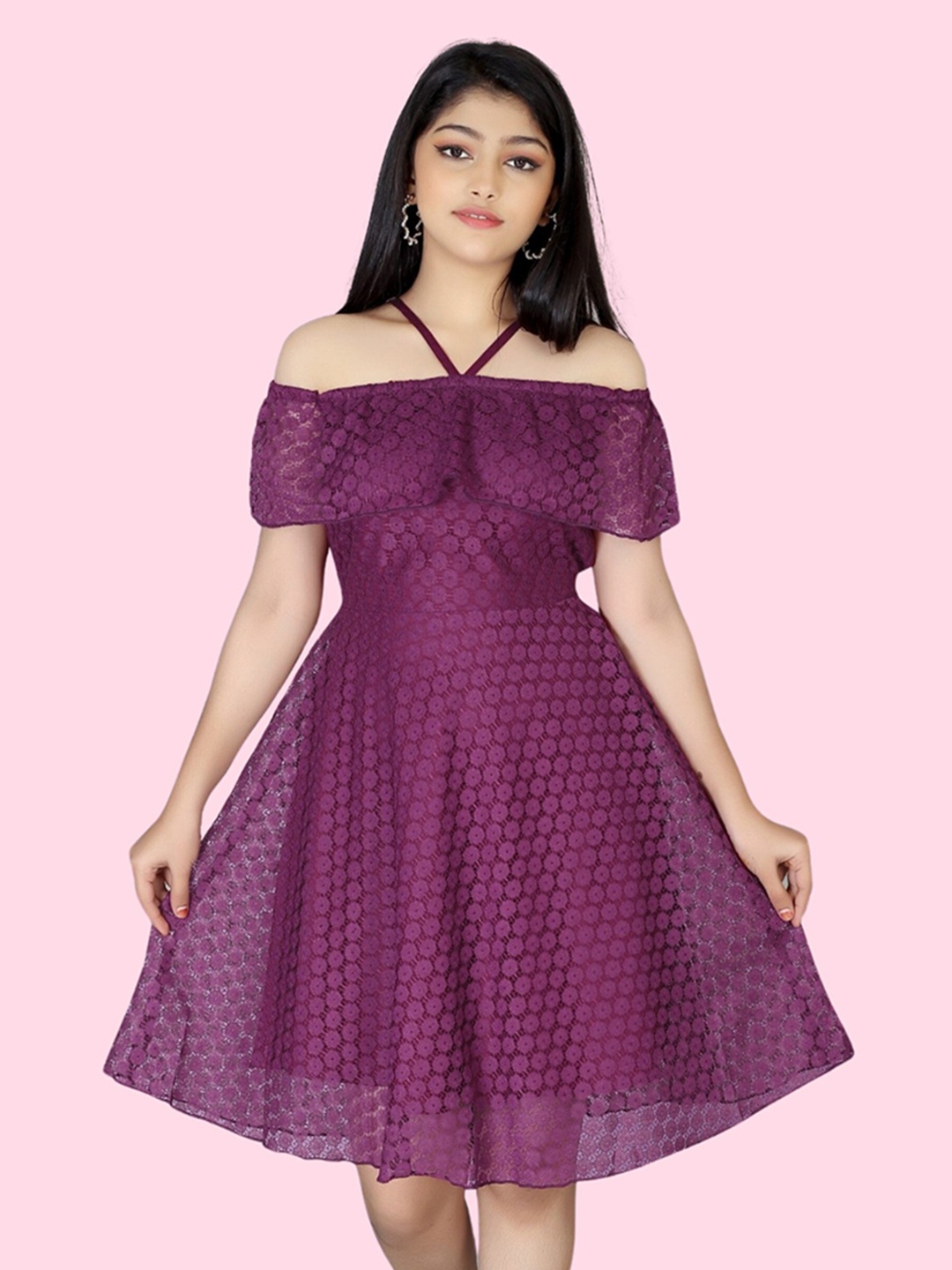 

BAESD Girls Halter Neck Self Design Net Fit & Flare Dress, Purple