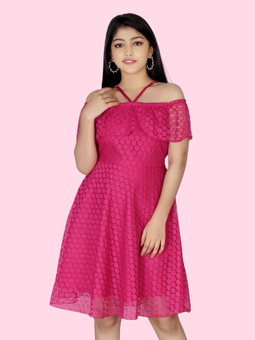 

BAESD Girls Halter Neck Self Design Net Fit & Flare Dress, Pink