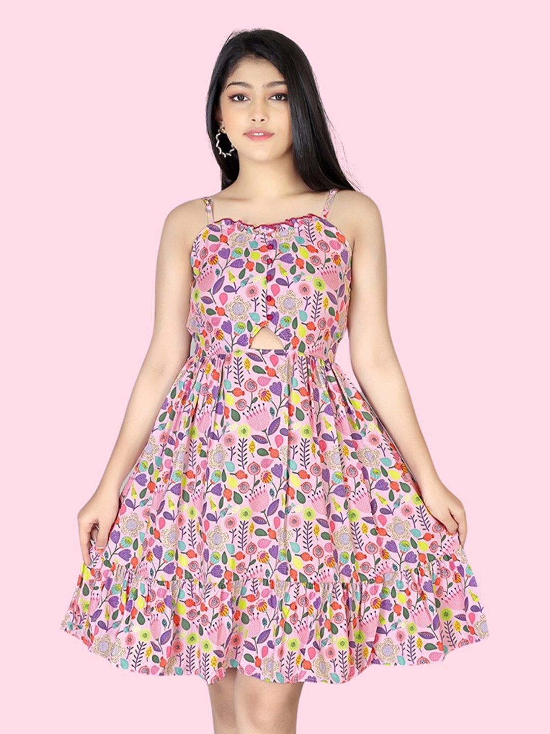 

BAESD Girls Floral Printed Cut Outs Fit & Flare Dress, Purple