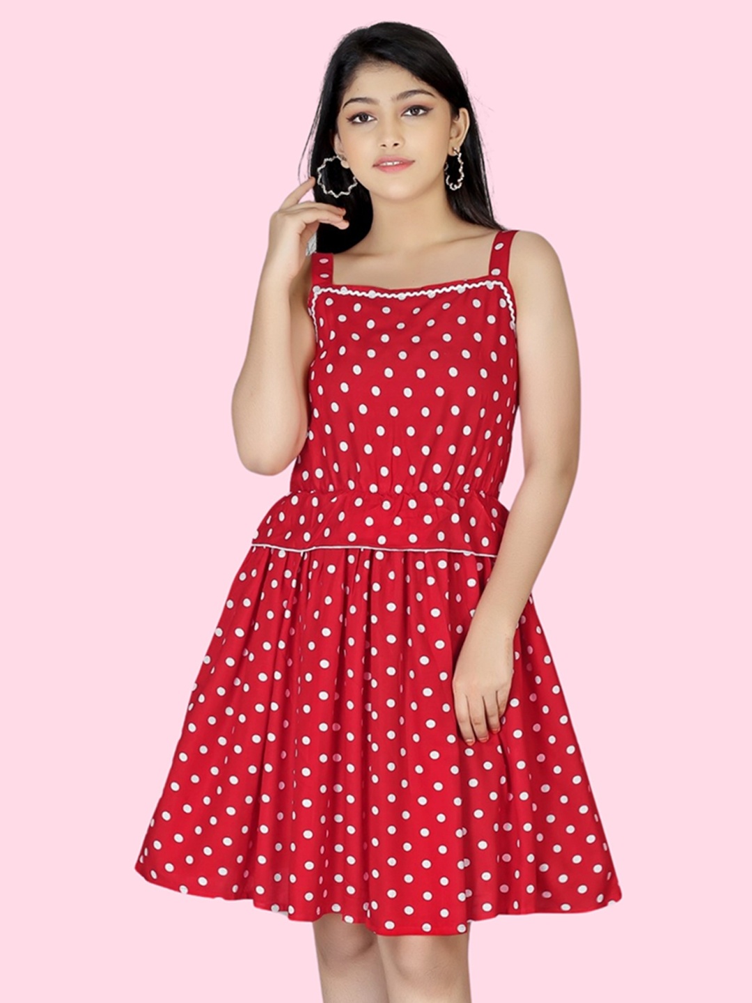 

BAESD Girls Polka Dots Printed Shoulder Straps Gathered Fit & Flare Dress, Red