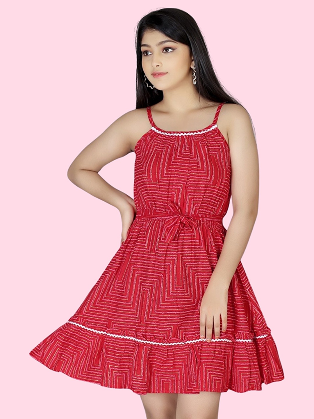 

BAESD Girls Geometric Printed Shoulder Straps Fit & Flare Dress, Red