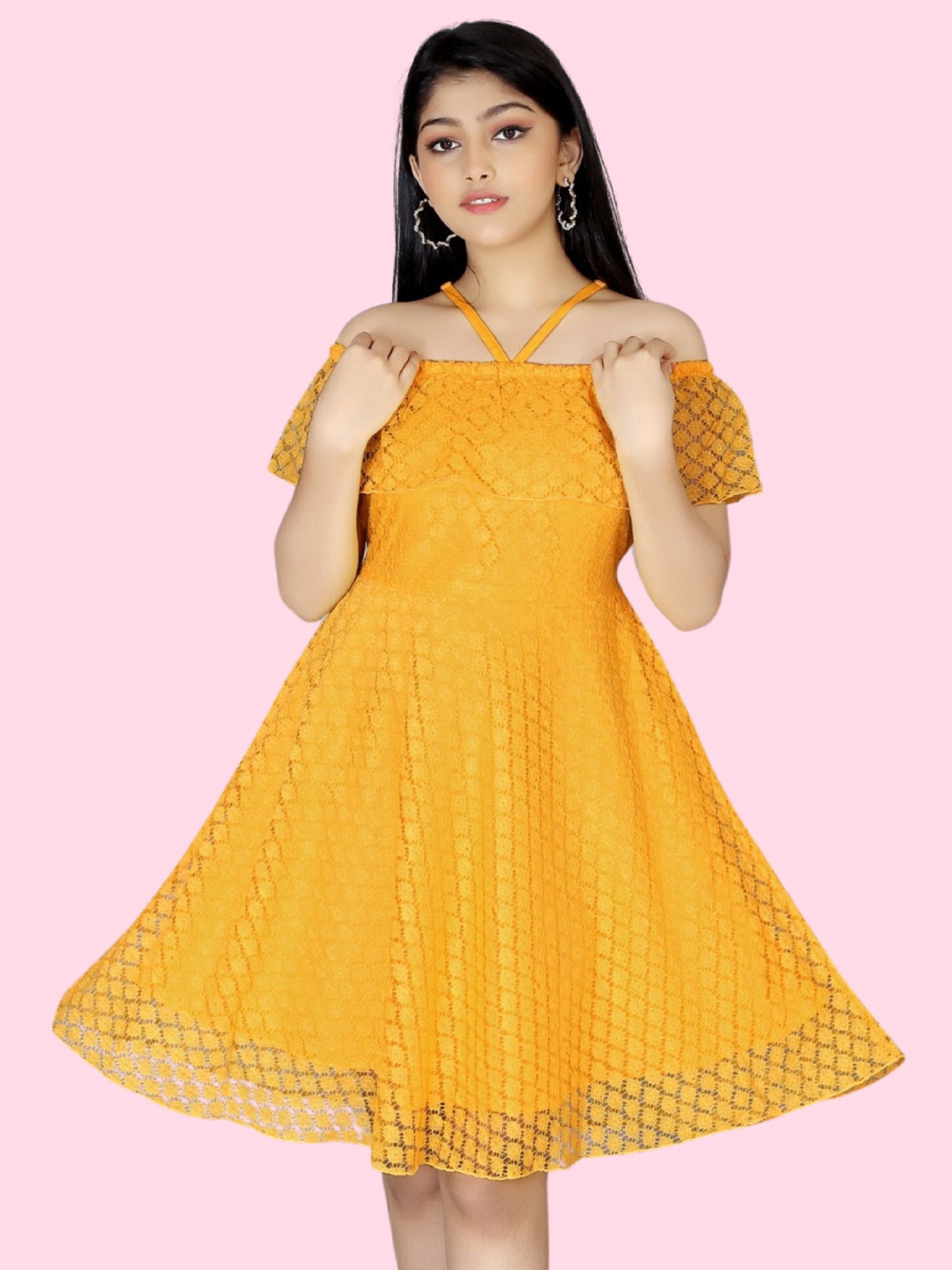 

BAESD Girls Halter Neck Self Design Net Fit & Flare Dress, Yellow