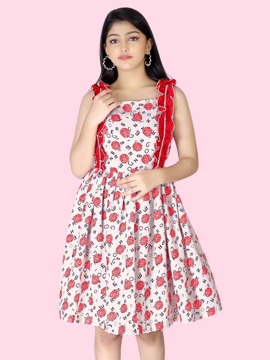 

BAESD Girls Floral Printed Square Neck Sleeveless Gathered Fit & Flare Dress, Red