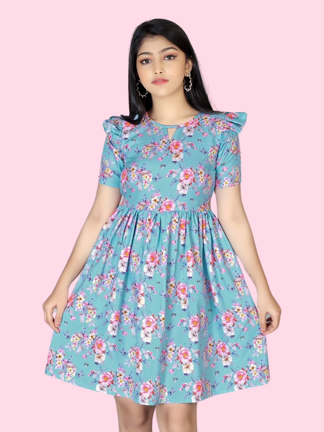 

BAESD Girls Floral Printed Keyhole Neck Ruffles Fit and Flare Dress, Blue