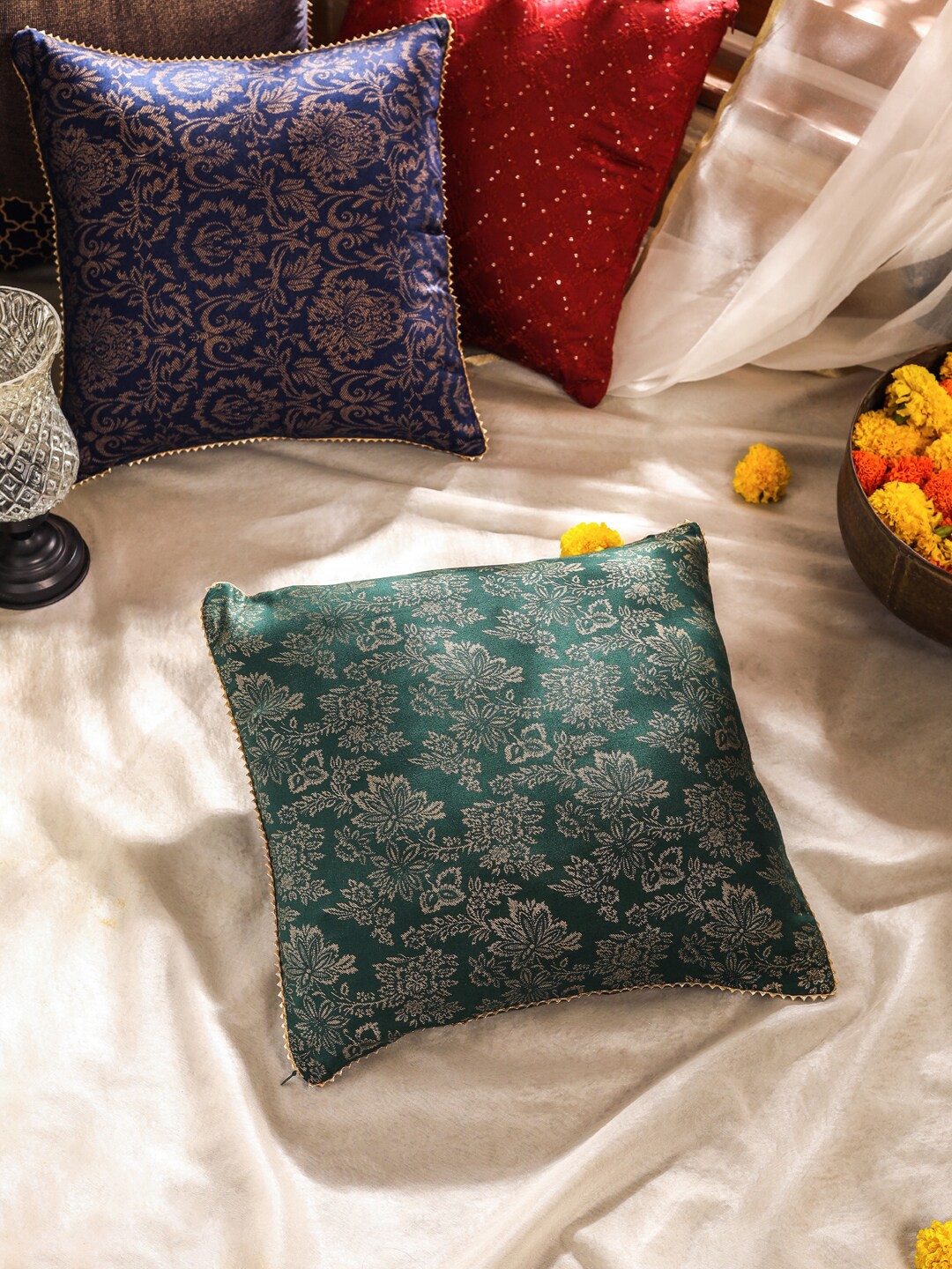 

House of Pataudi Green & Golden Brocade Jaal Design Square Cushion Cover