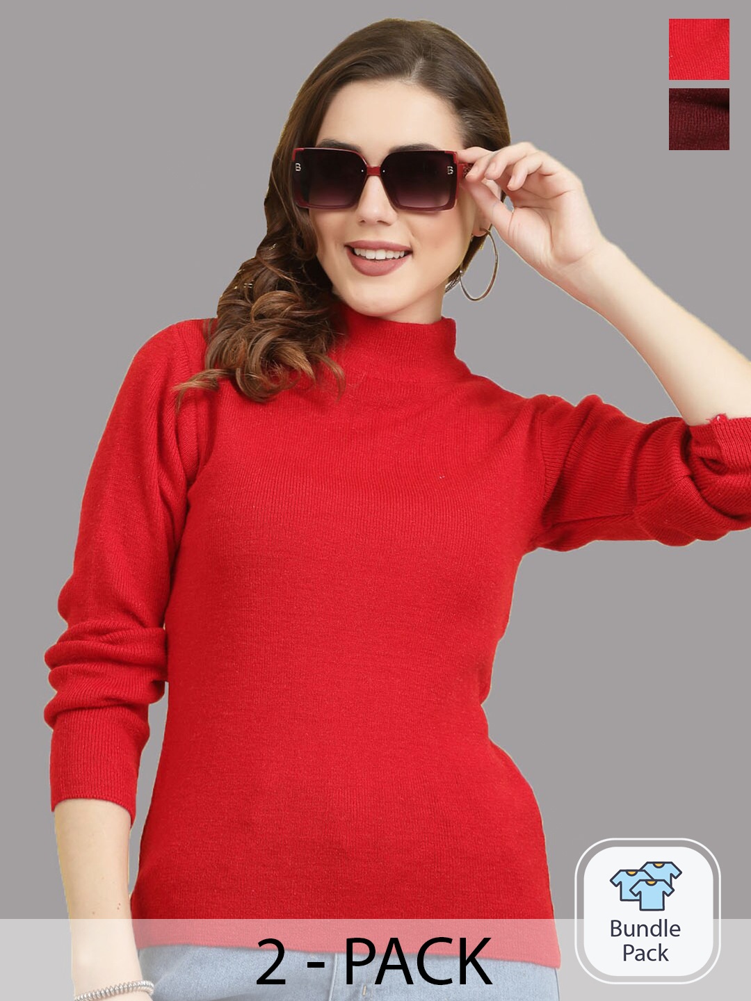 

Clora Creation Packof 2 Ribbed High Neck Woollen Pullover, Red
