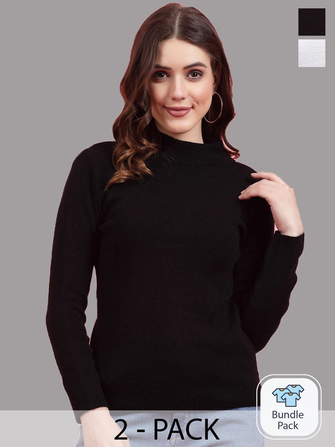 

Clora Creation Packof 2 Ribbed High Neck Woollen Pullover, Black