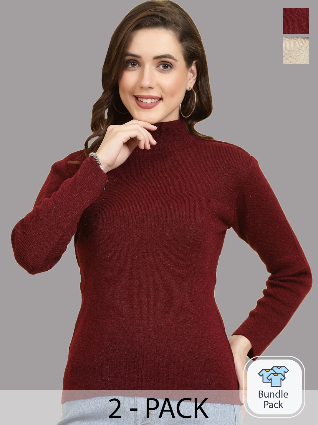 

Clora Creation Packof 2 Ribbed High Neck Woollen Pullover, Maroon