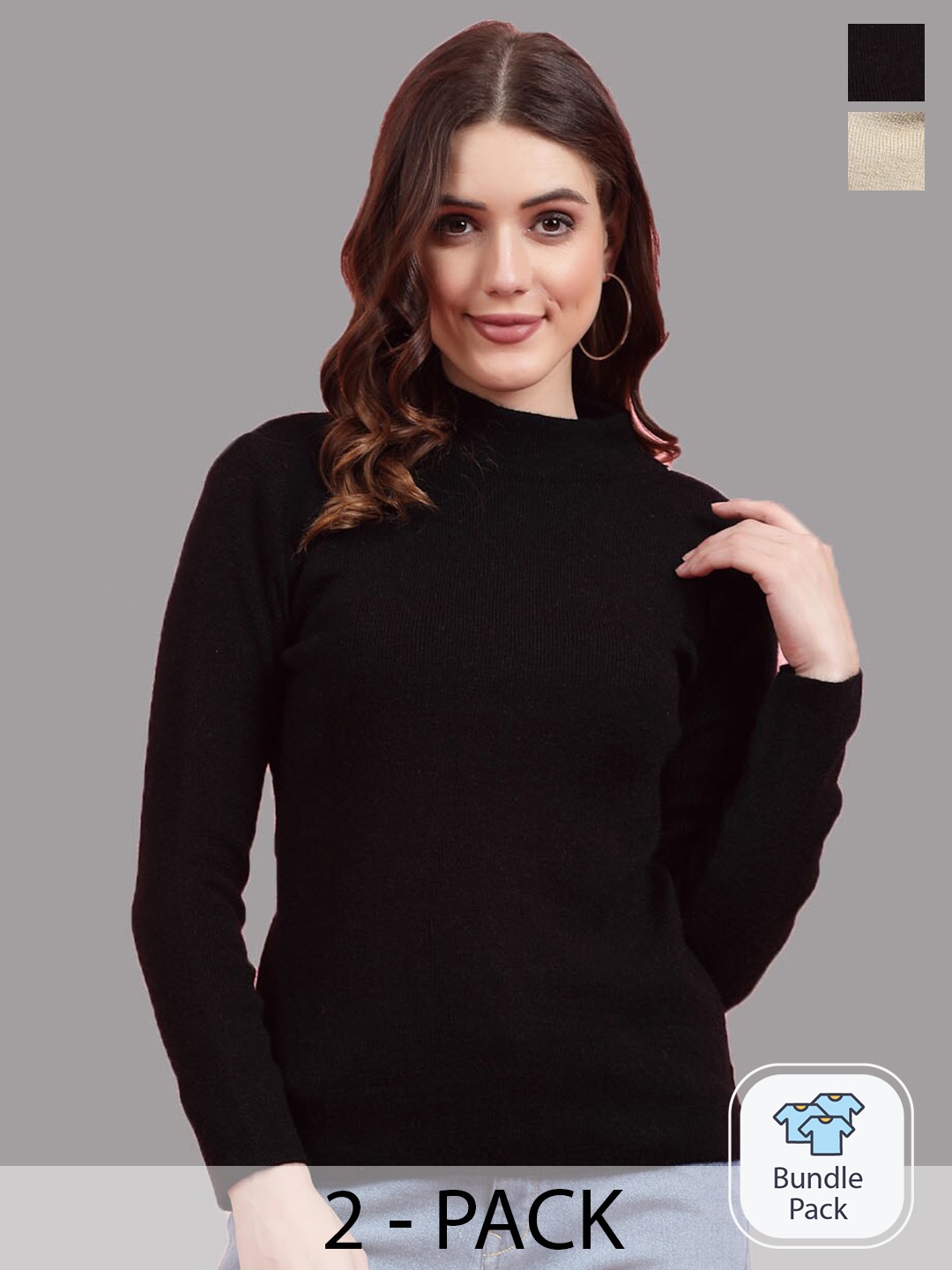 

Clora Creation Packof 2 Ribbed High Neck Woollen Pullover, Black