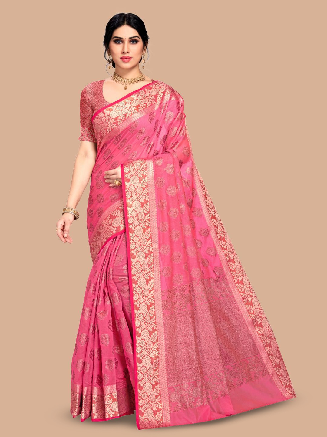 

MAGMINA Floral Woven Design Zari Pure Silk Banarasi Saree, Pink