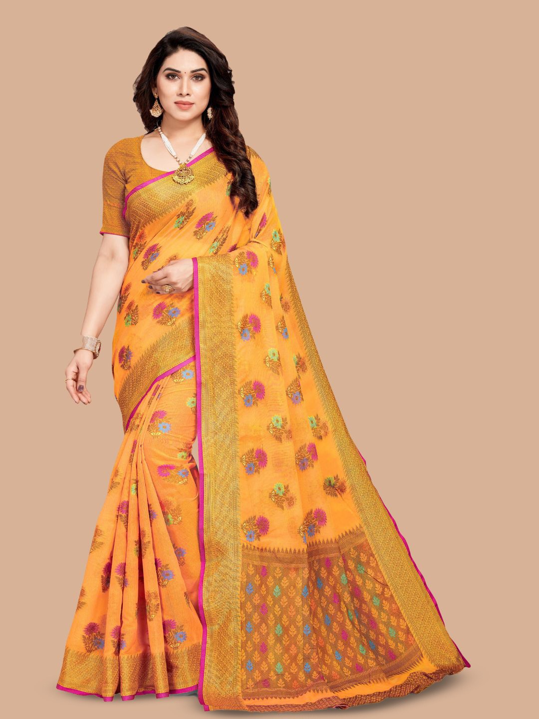 

MAGMINA Floral Woven Design Zari Silk Cotton Banarasi Saree, Yellow