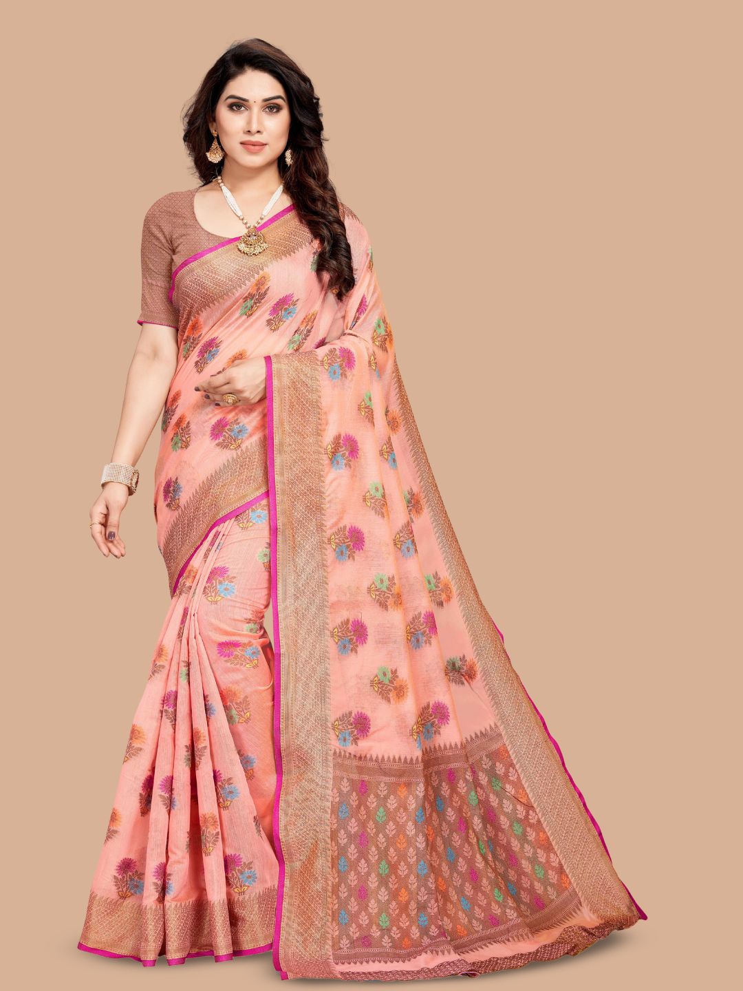

MAGMINA Floral Woven Design Zari Silk Cotton Banarasi Saree, Peach