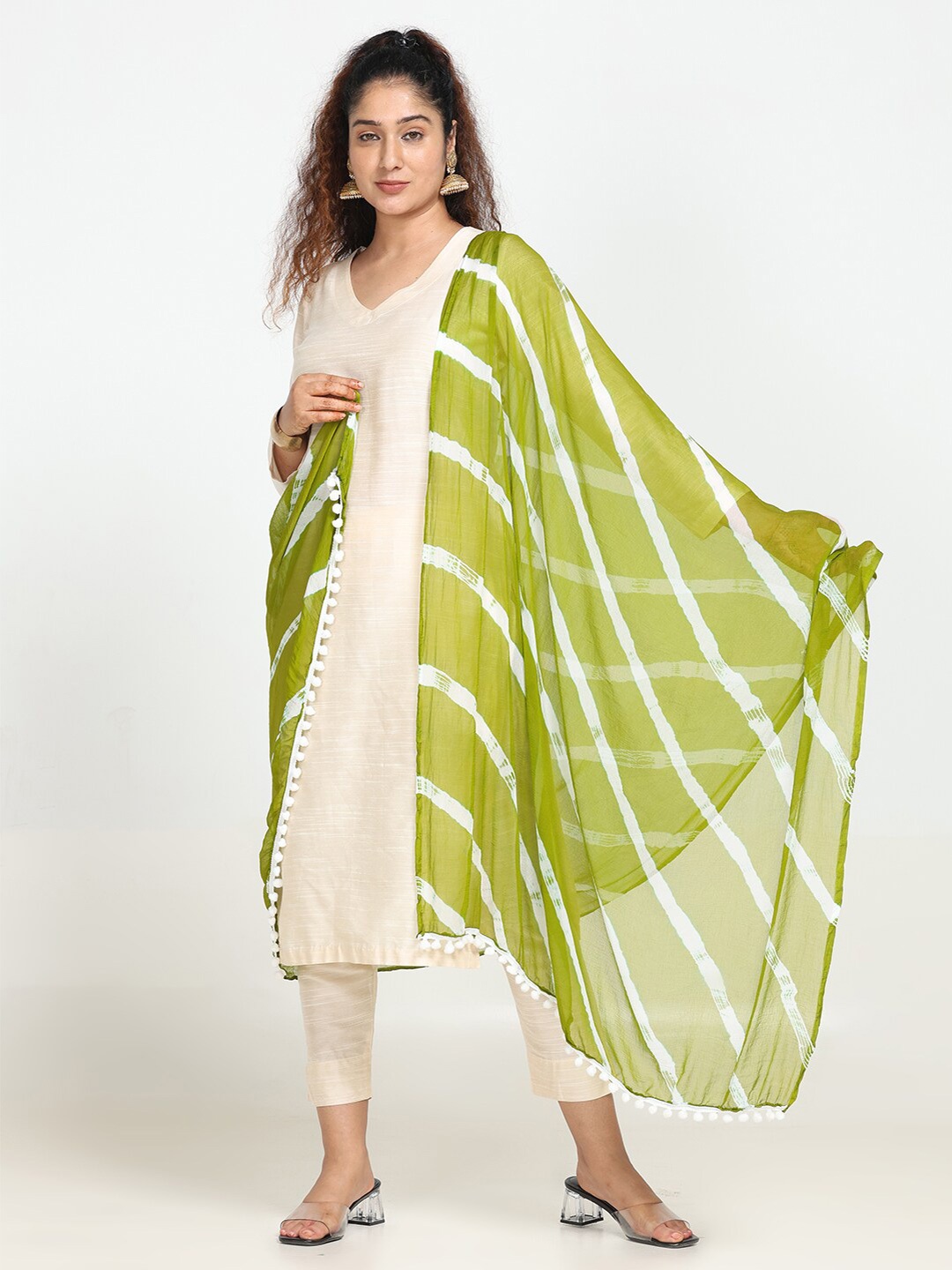 

HELLA FASHIONS Striped Chiffon Leheriya Dupatta, Lime green