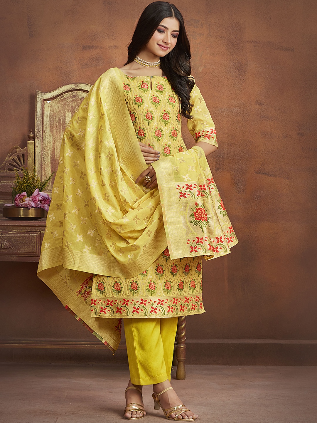 

Ishin Yellow Floral Woven Design Keyhole Neck Kurta with Trousers & Dupatta
