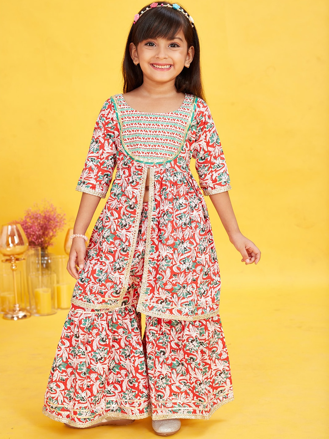 

Maaikid Girls Pink Floral Printed Regular Pure Cotton Kurta with Sharara