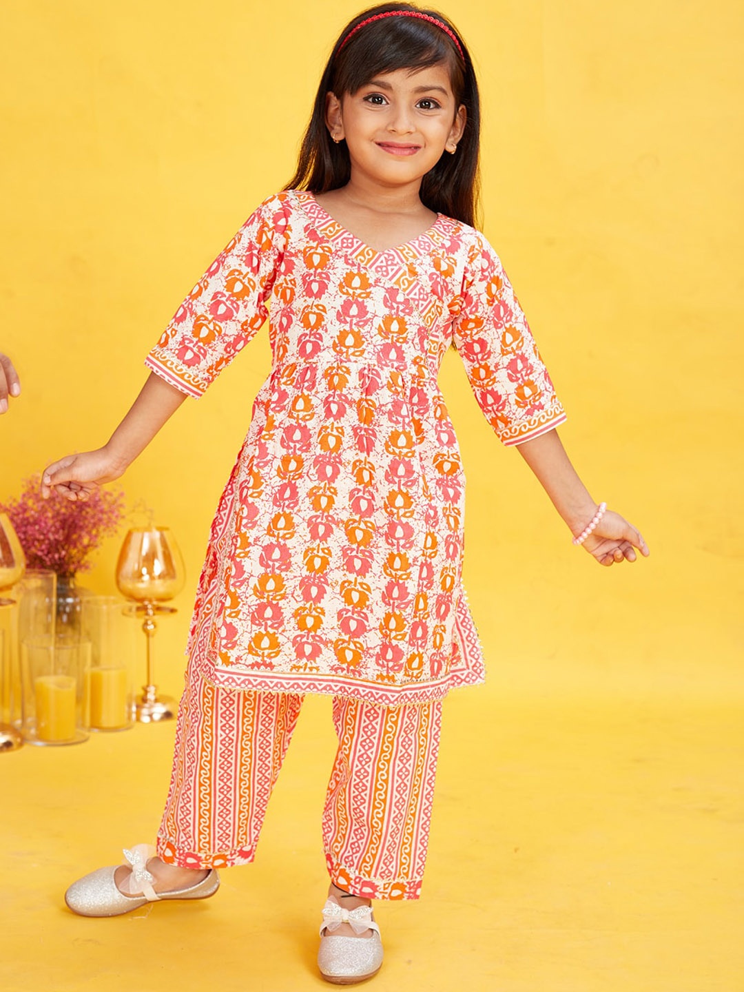 

Maaikid Girls Ethnic Motifs Printed Pure Cotton Kurta with Trousers, Orange