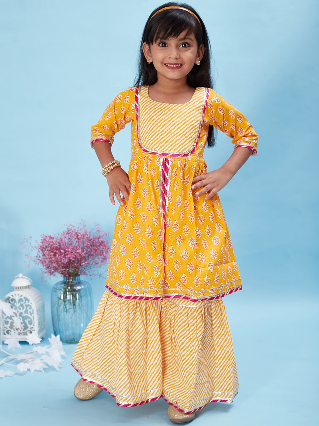 

Maaikid Girls Floral Printed Pure Cotton Kurta with Sharara, Mustard