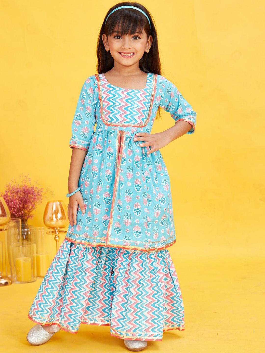 

Maaikid Girls Blue Floral Printed Regular Gotta Patti Pure Cotton Kurta with Sharara