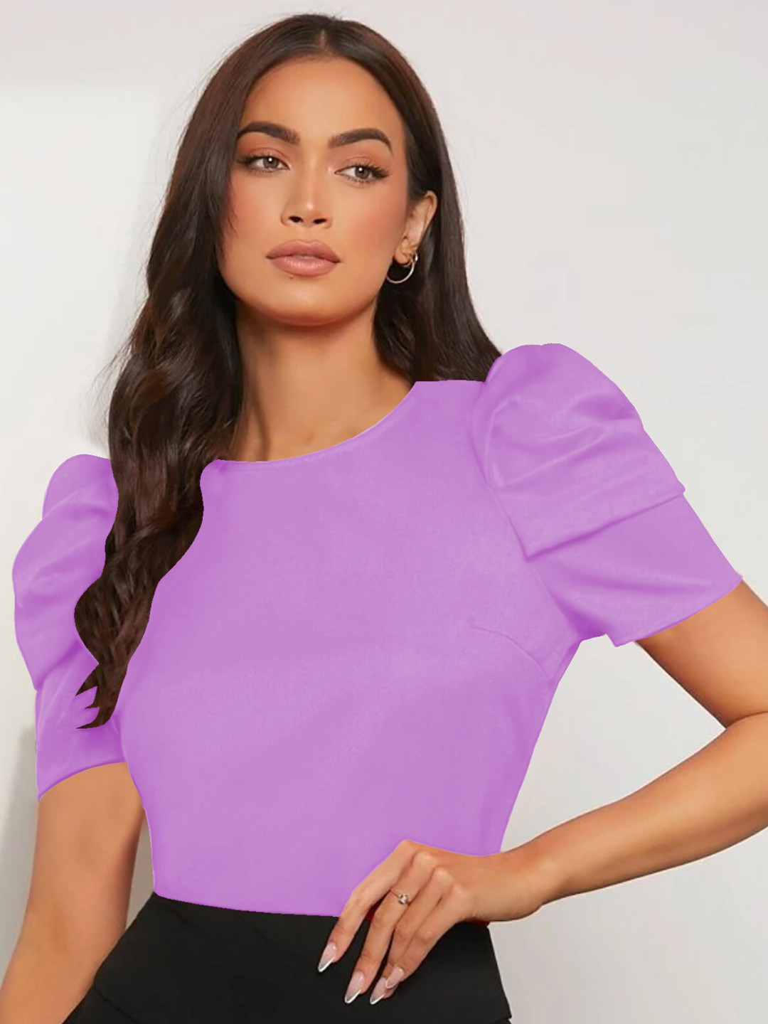 

Dream Beauty Fashion Round Neck Puff Sleeve Regular Top, Purple