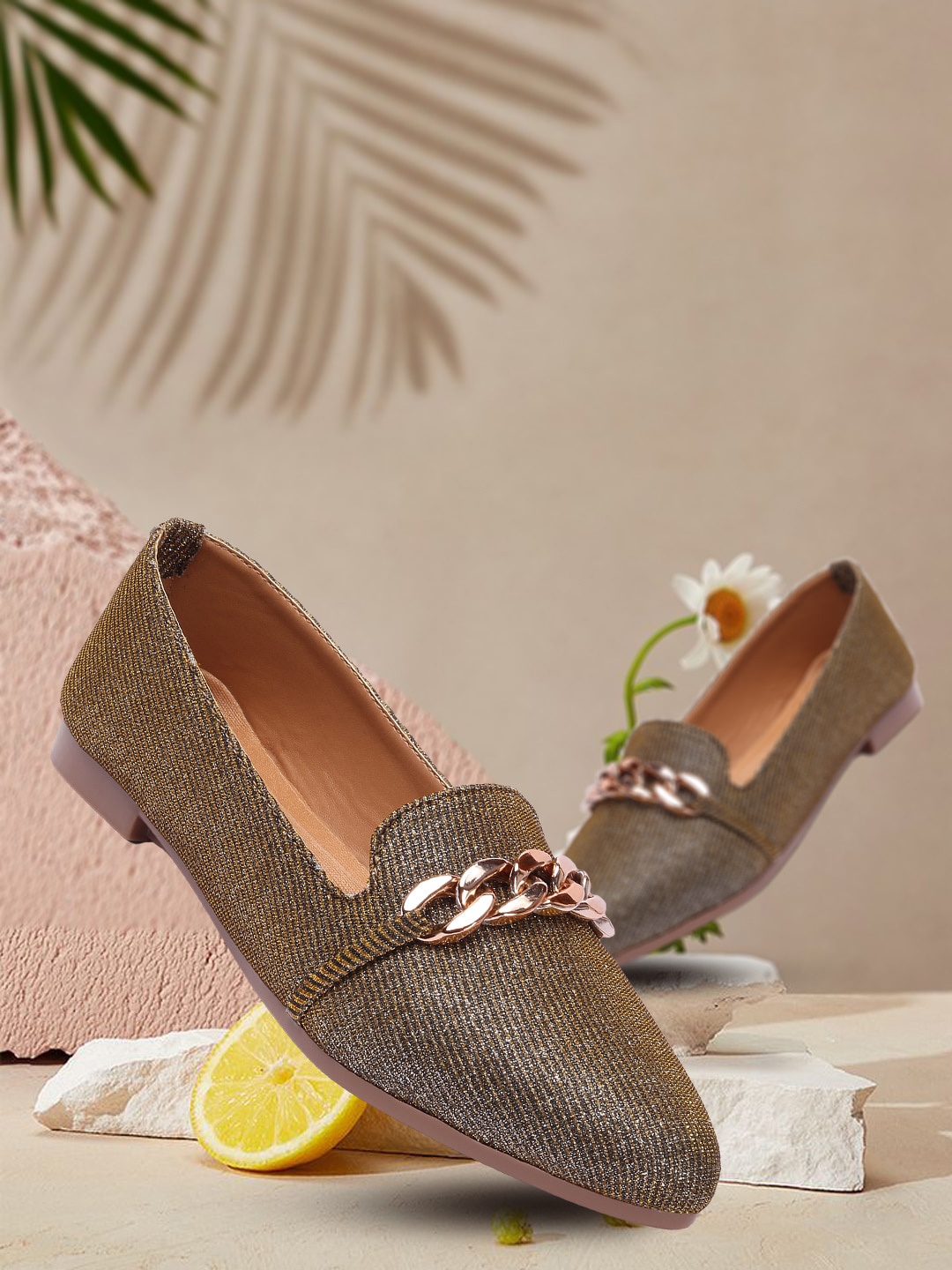 

DressBerry Copper-Toned Embellished Buckle Detail Ballerinas