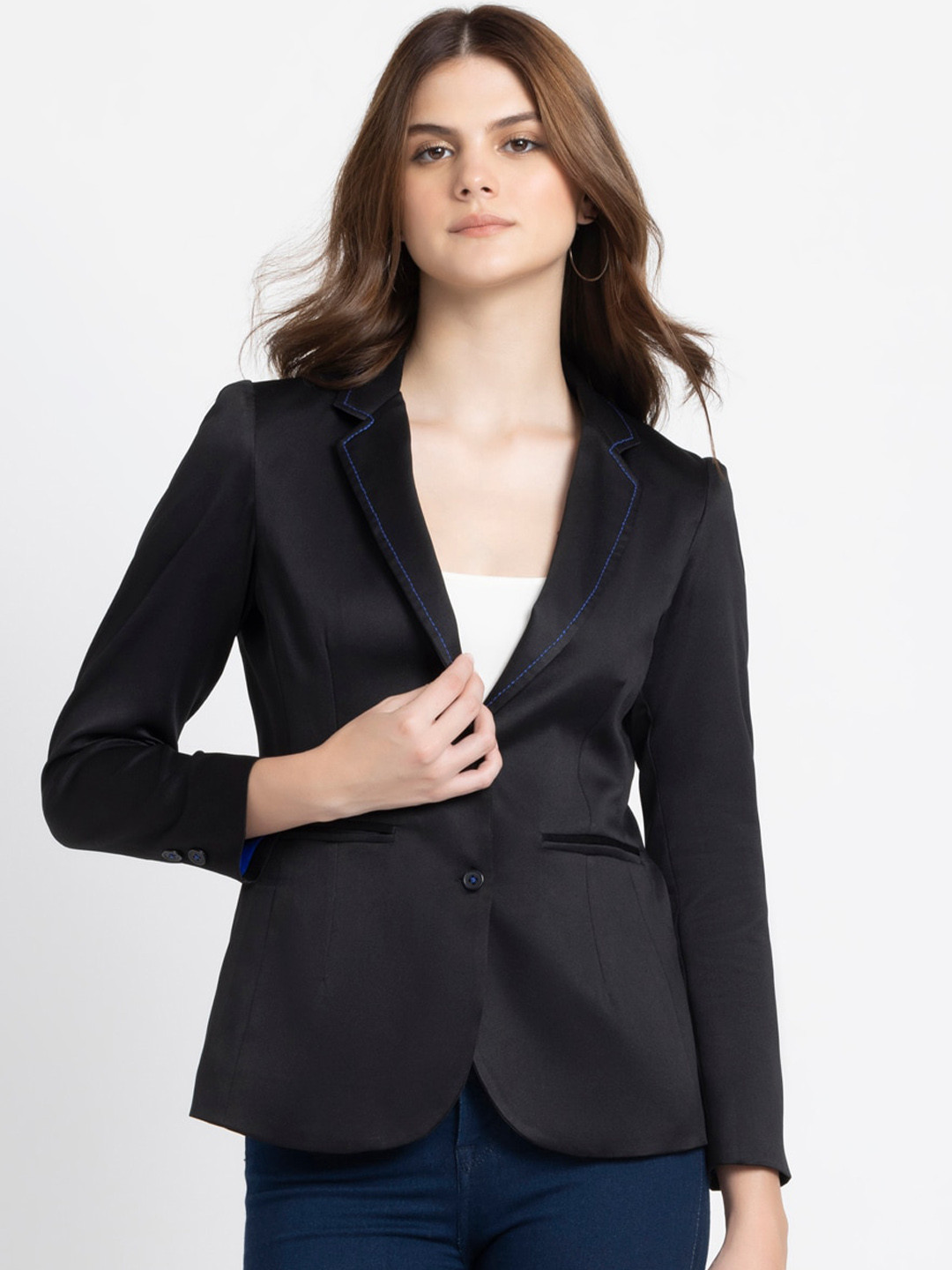 

SHAYE Notched Lapel Solid Single-Breasted Casual Blazer, Black