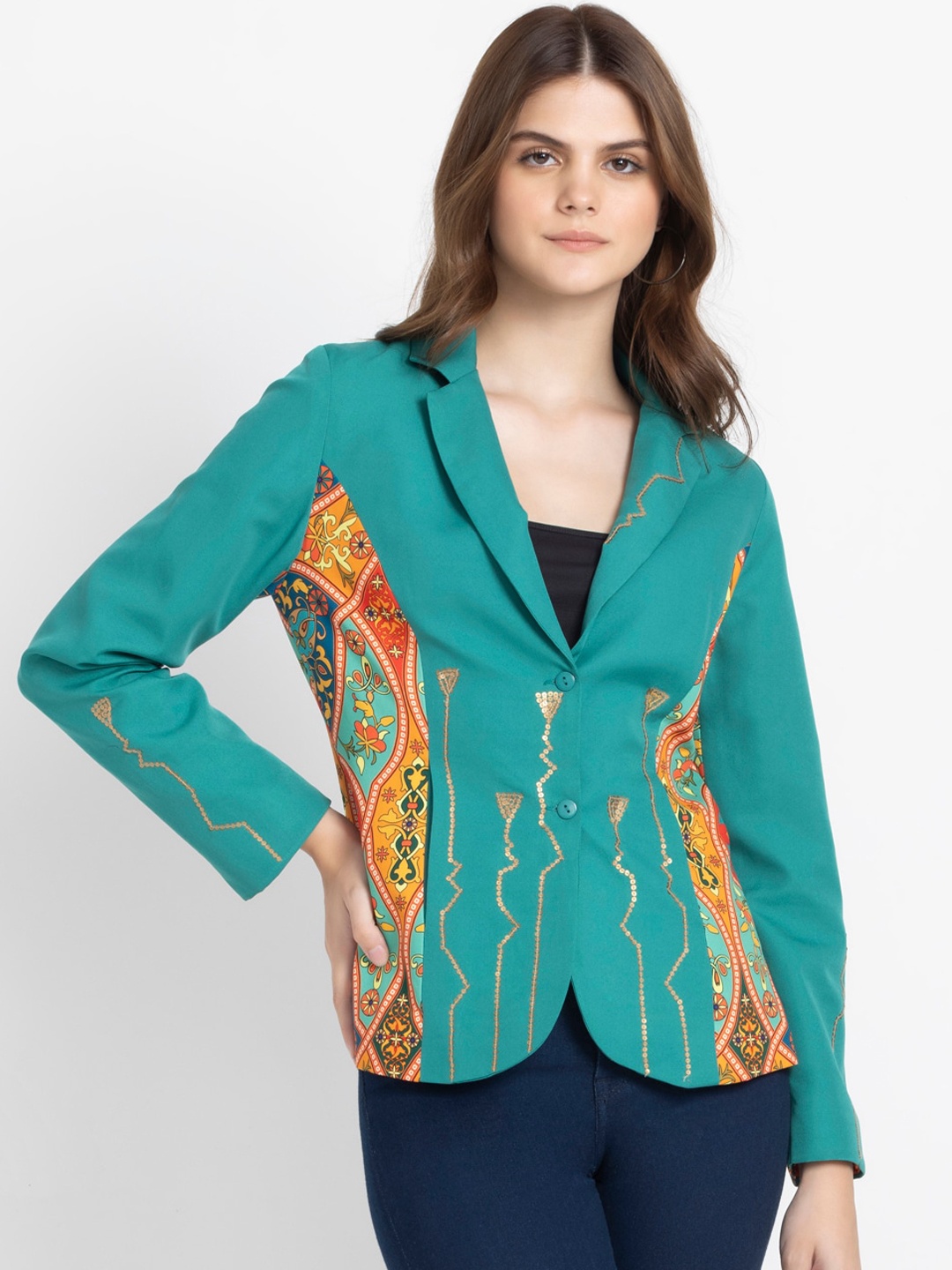 

Shaye Ethnic Motifs Printed Sequinned Slim Fit Notched Lapel Collar Party Blazer, Green