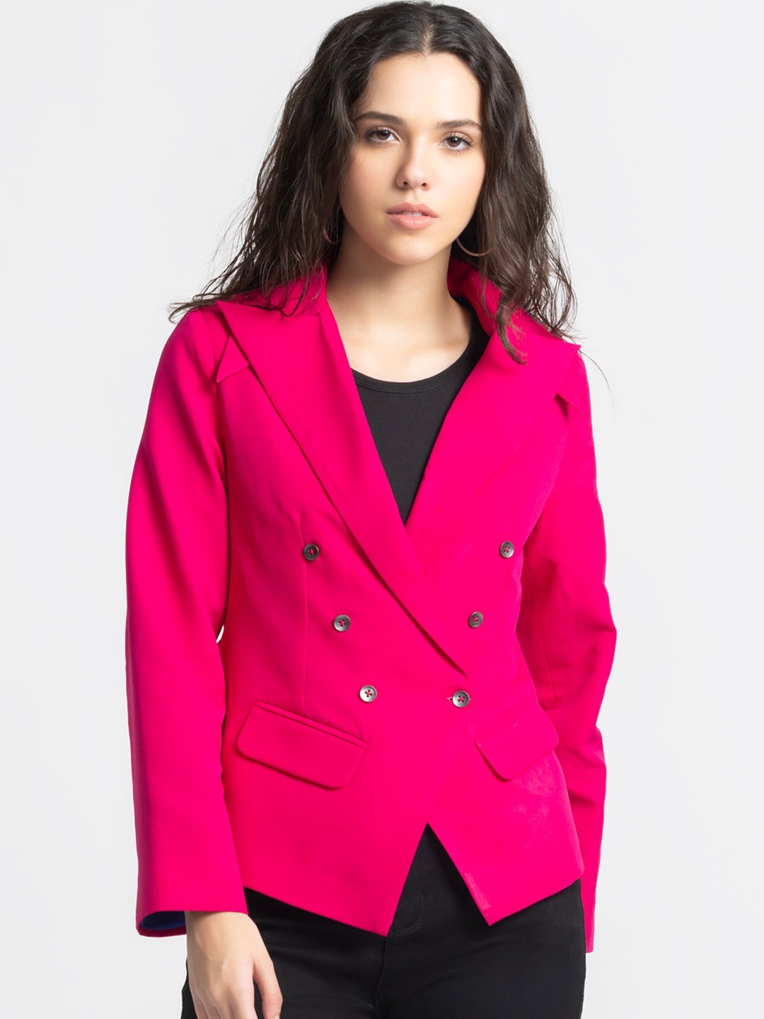 

Shaye Double-Breasted Notched Lapel Collar Party Blazer, Fuchsia