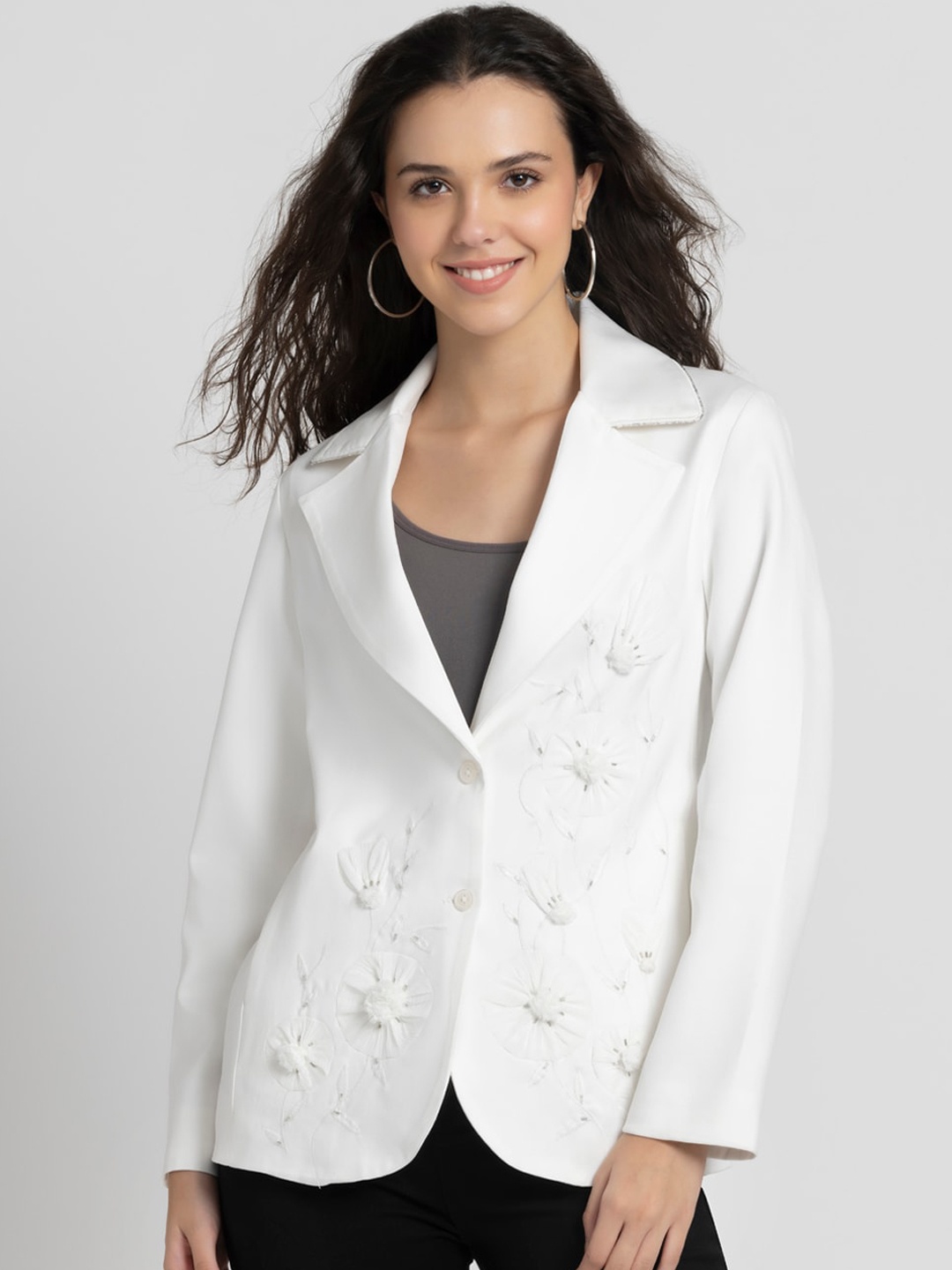 

Shaye Embroidered Single-Breasted Notched Lapel Collar Satin Party Blazer, White