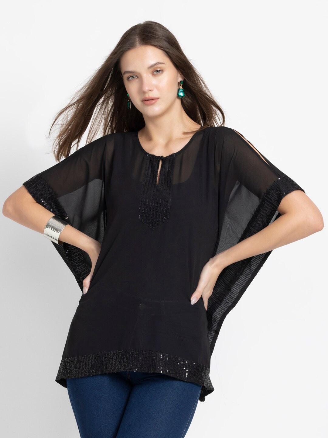 

SHAYE Kimono Sleeves Sequined Kaftan Top, Black