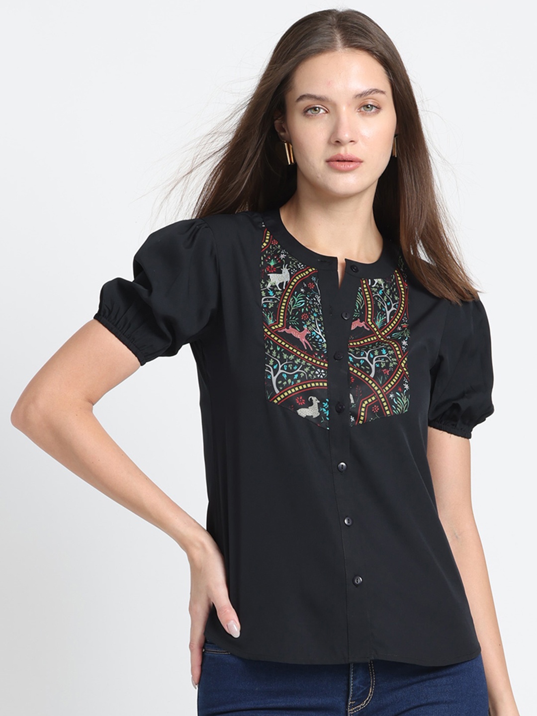 

SHAYE Ethnic Motifs Printed Puff Sleeve Shirt Style Top, Black