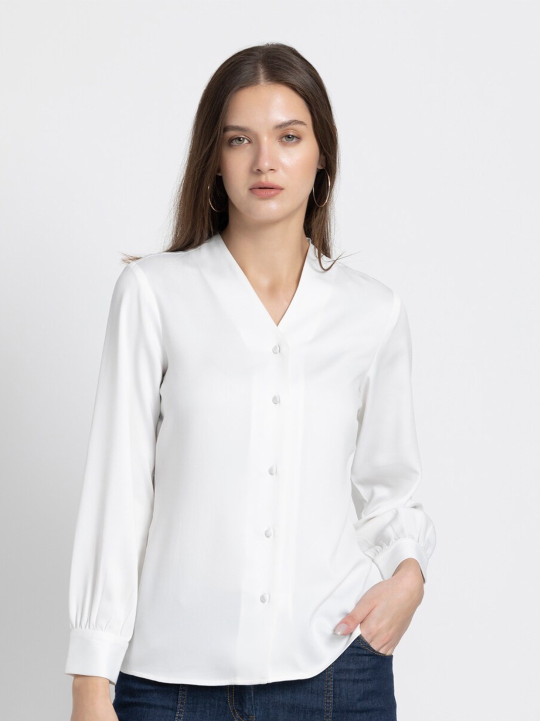 

SHAYE Smart Opaque V-Neck Casual Shirt, White