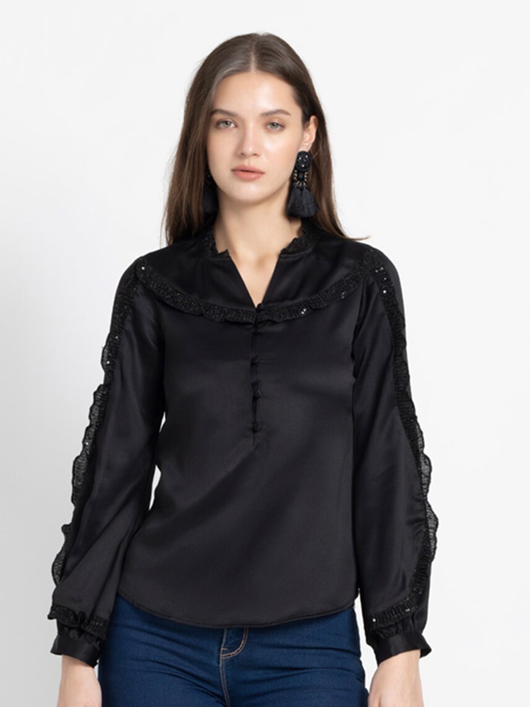 

SHAYE Cuffed Sleeves Sequined Regular Top, Black