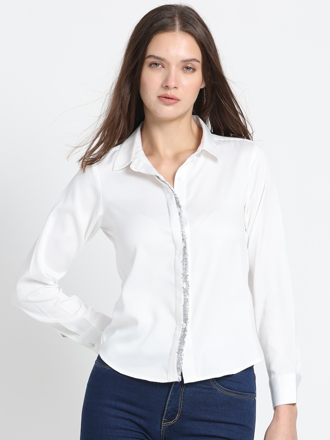 

SHAYE Smart Spread Collar Sequin Casual Shirt, White