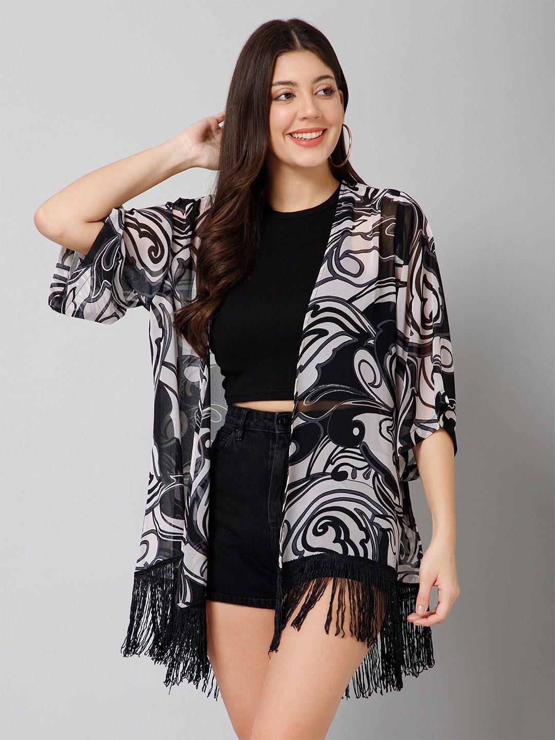 

PURYS Abstract Printed Tasselled Longline Shrug, Black