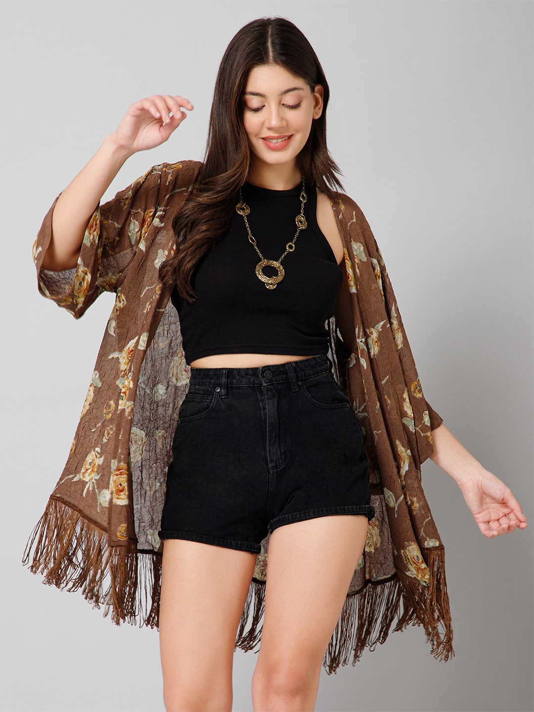 

PURYS Floral Printed Tasselled Longline Shrug, Brown