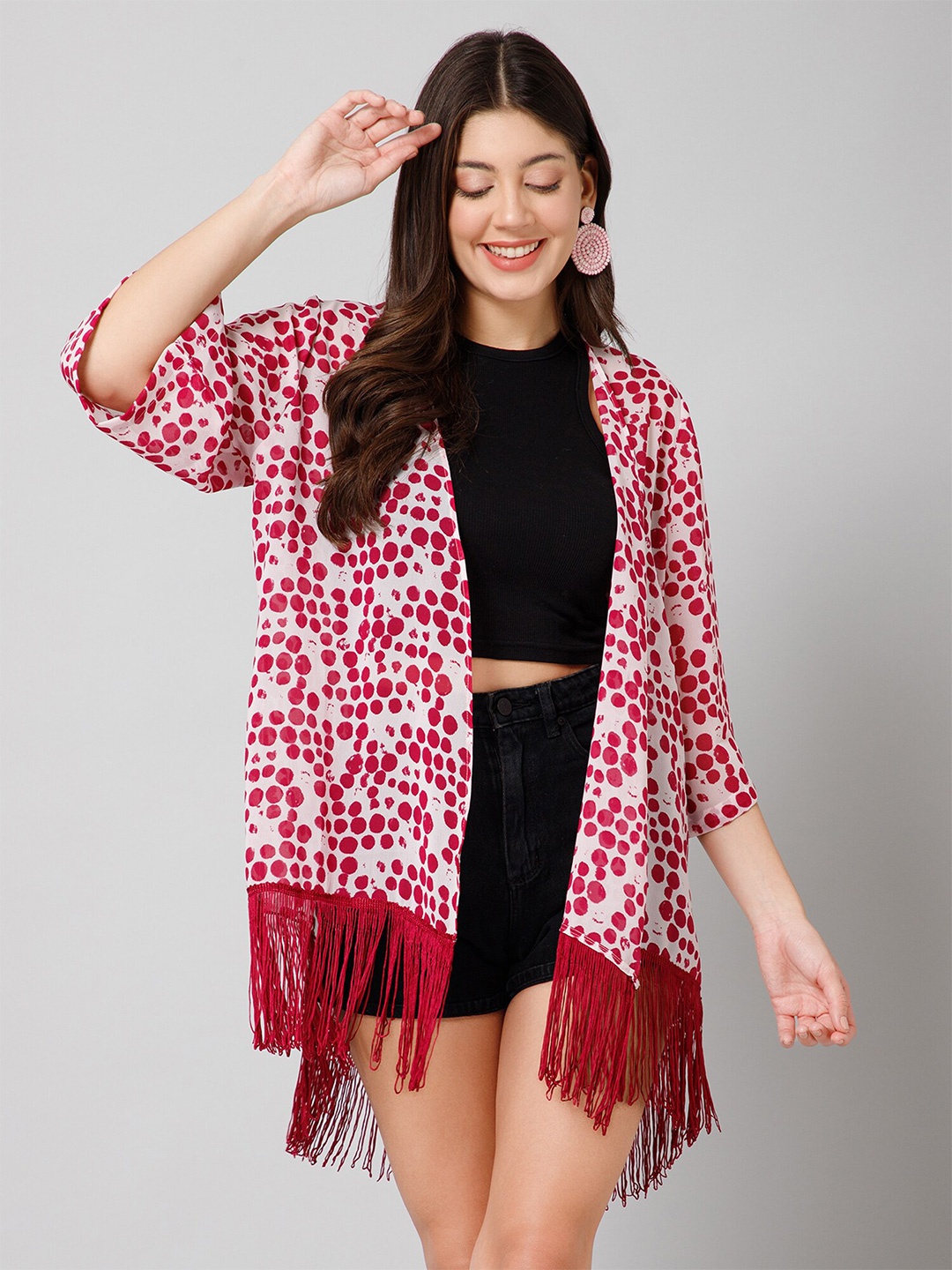

PURYS Polka Dot Printed Longline Shrug, Pink