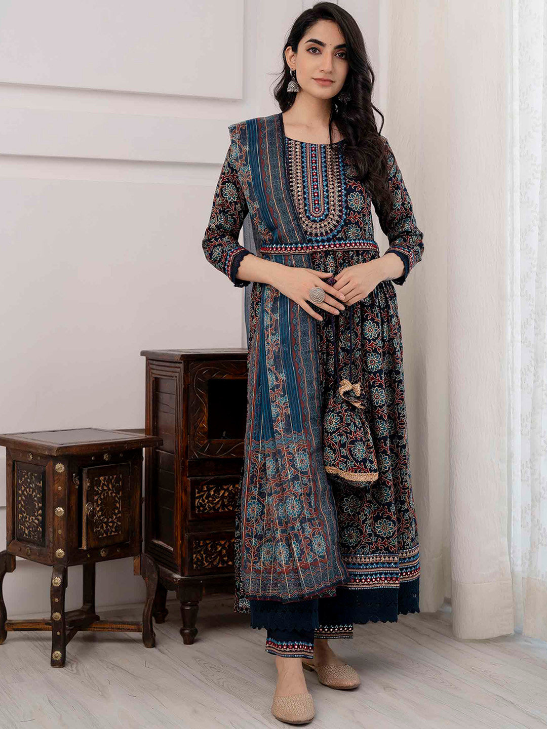 

KALINI Floral Printed Regular Mirror Work A-Line Kurta with Trousers & Dupatta, Navy blue