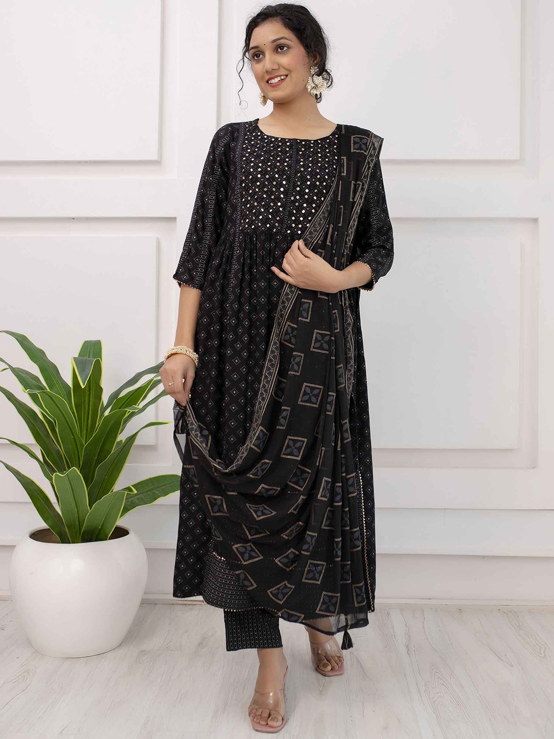 

KALINI Printed Regular Mirror Work Kurta with Trousers & With Dupatta, Black