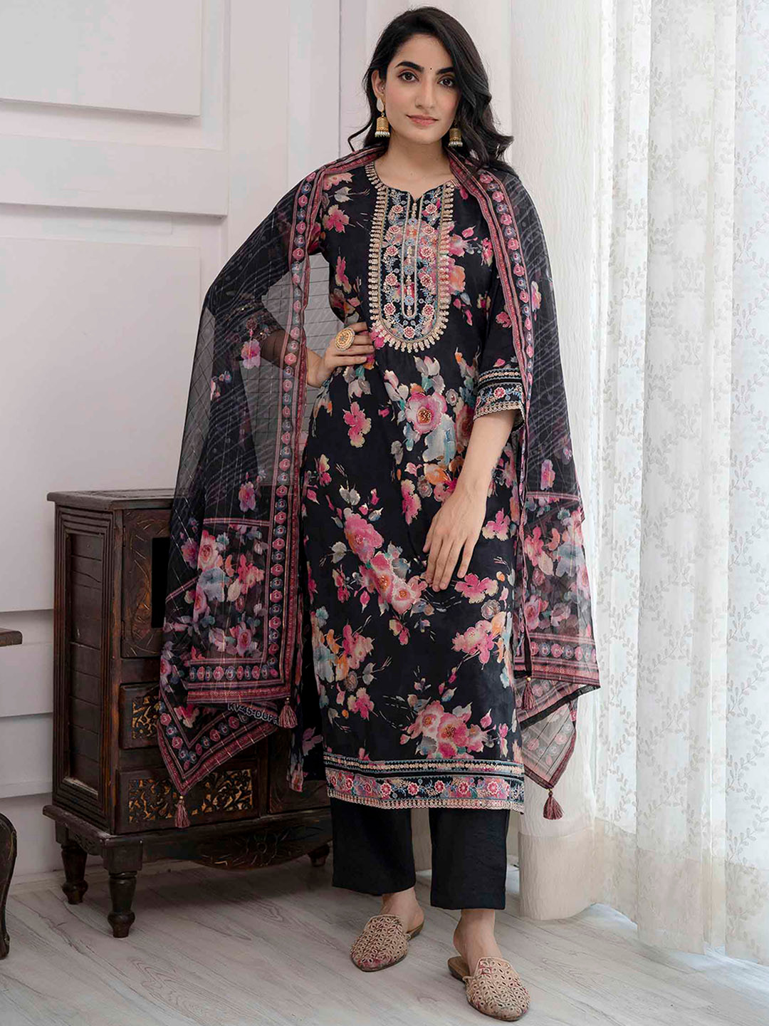 

KALINI Floral Printed Regular Sequinned Kurta With Trousers & Dupatta, Black