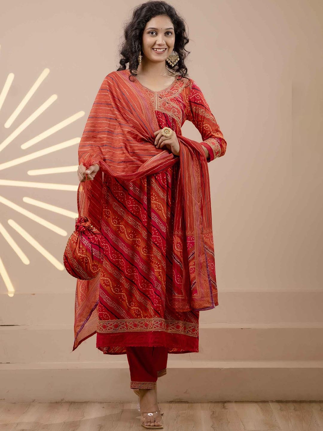 

KALINI Striped Empire Sequinned Kurta With Trousers & Dupatta, Red