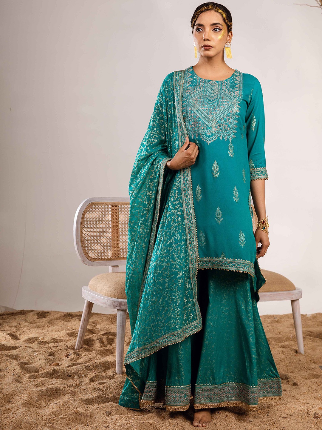 

KALINI Ethnic Motifs Printed Thread Work Detailed Straight Kurta & Palazzo With Dupatta, Turquoise blue