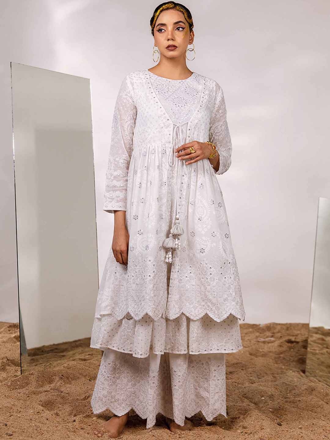 

KALINI Ethnic Motifs Embroidered Pure Cotton Anarkali Kurta & Sharara With Dupatta, White