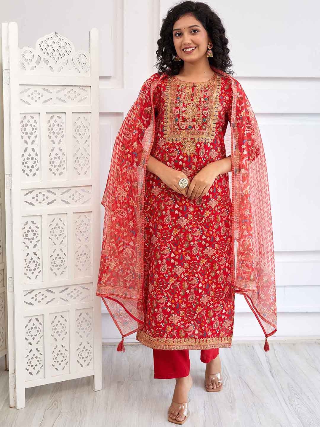 

KALINI Floral Printed Thread Work Straight Kurta With Trousers & Dupatta, Red
