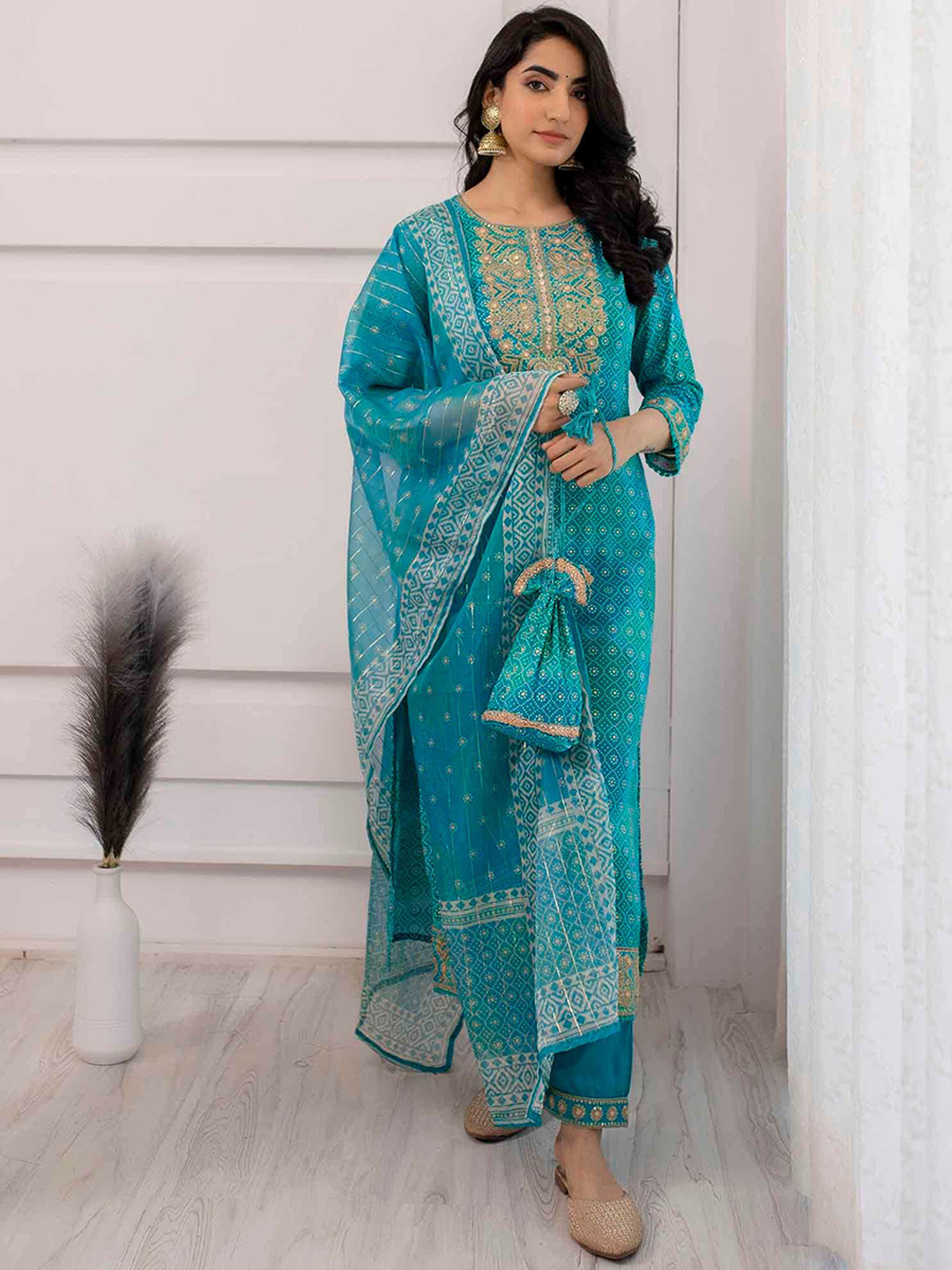 

KALINI Bandhani Printed Mirror Work Kurta With Trousers & Dupatta, Turquoise blue